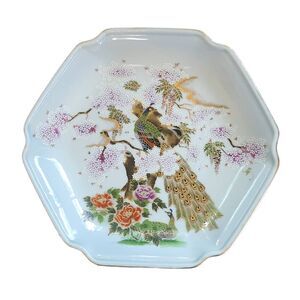 Vintage Peacock Motif 6-Sided Plate Made in Japan Vintage Plate with Gold Leaf